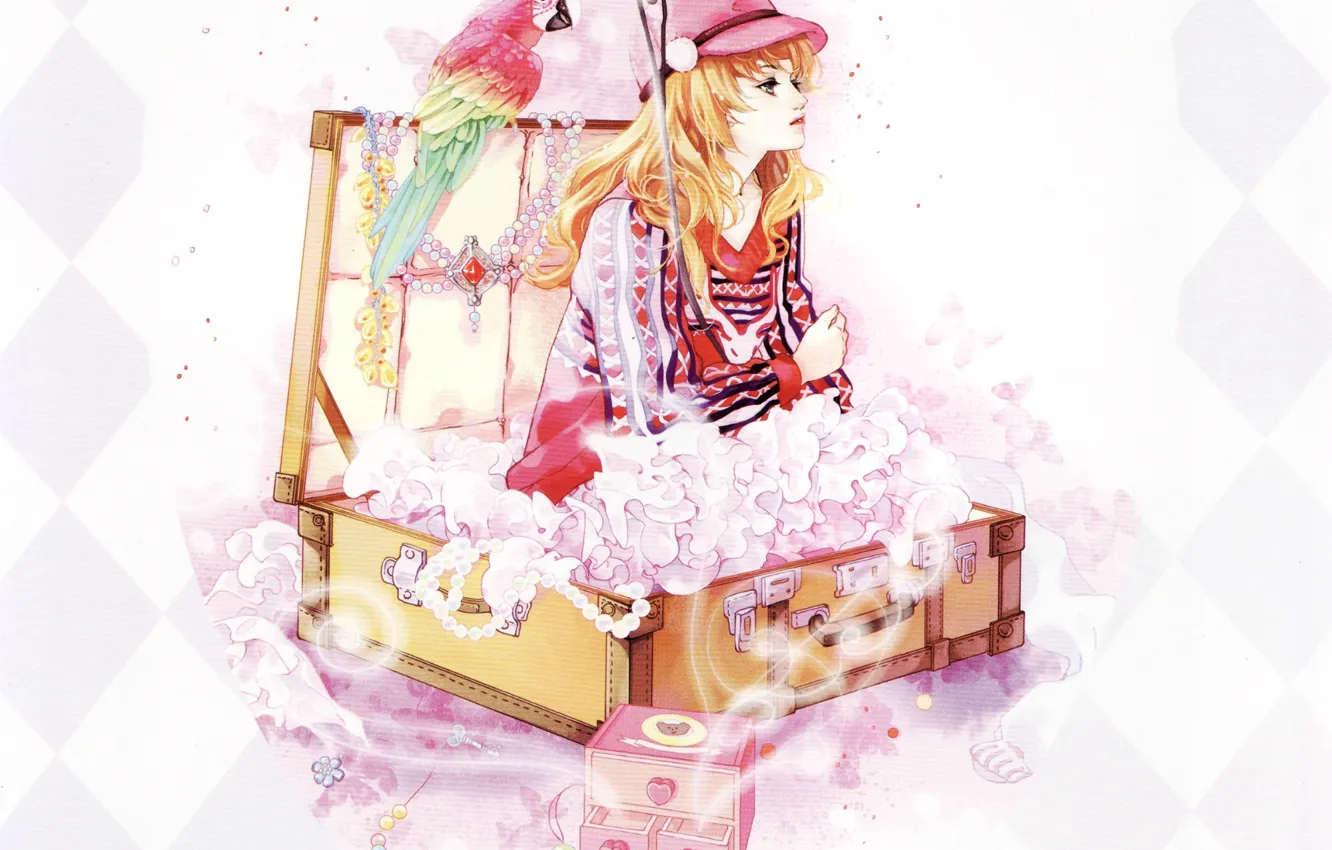 Фото обои девушка, зонт, попугай, шкатулка, бусы, чемодан, шляпка, art