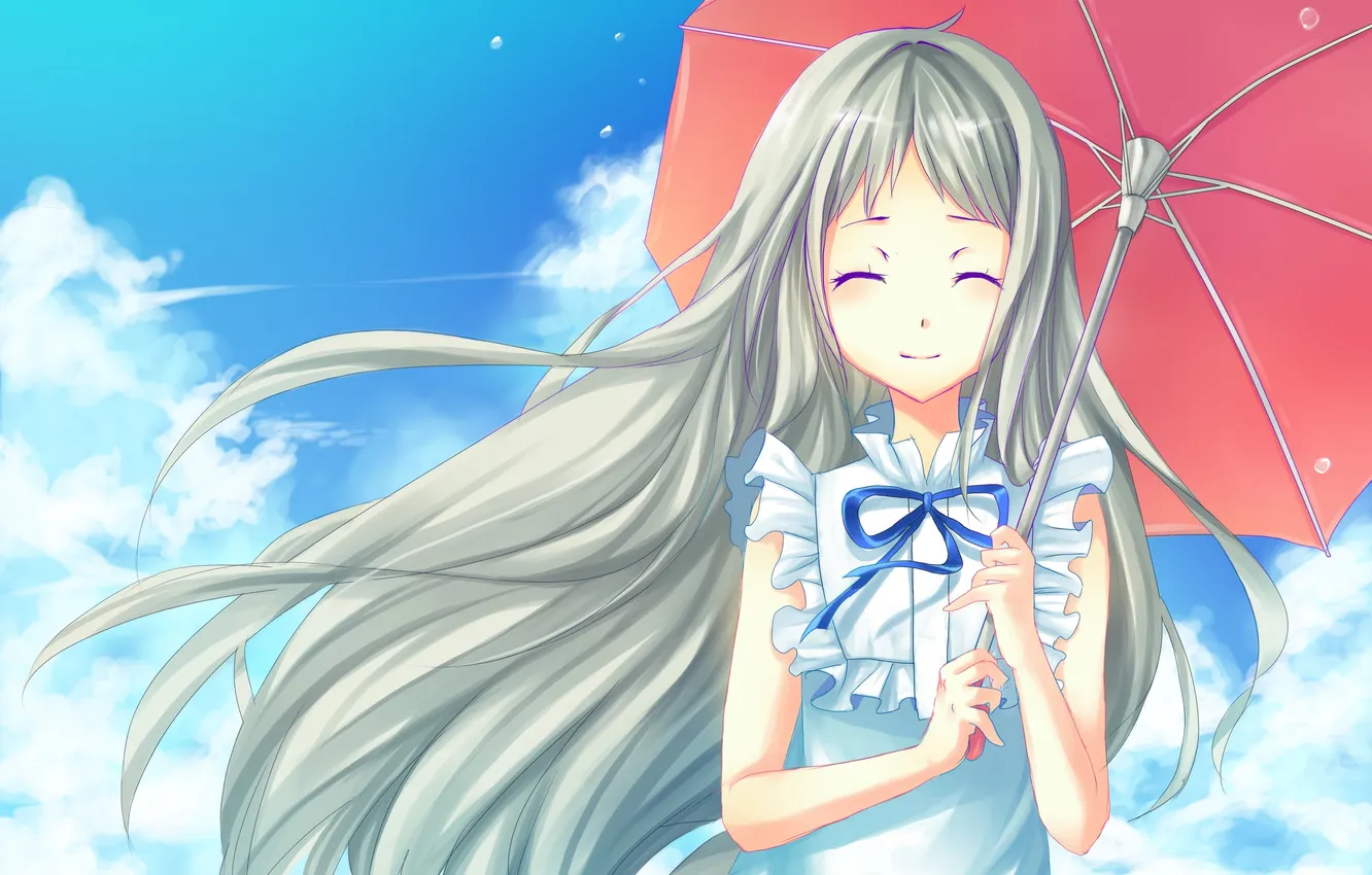Фото обои девушка, улыбка, ветер, зонт, art, невиданный цветок, honma meiko, addigni