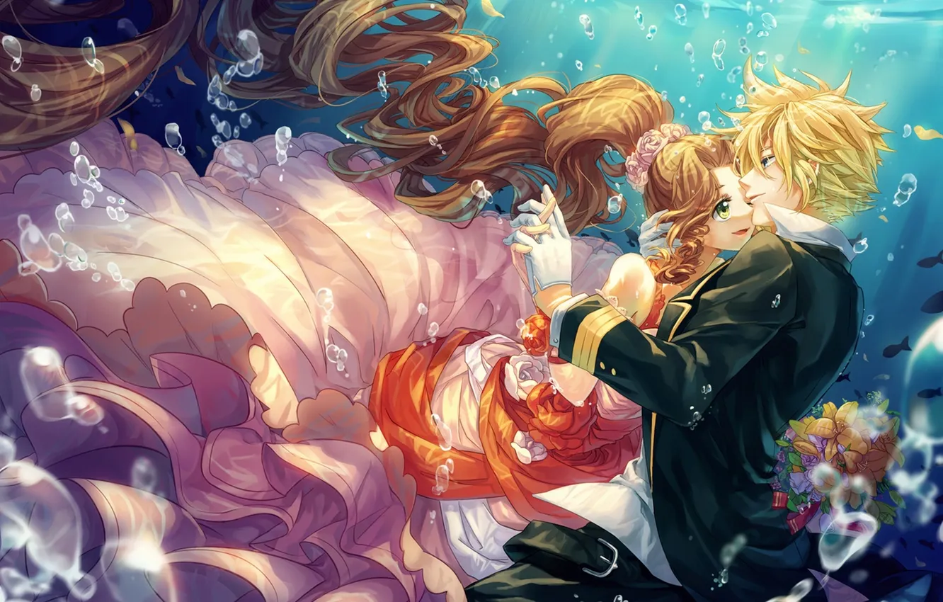 Фото обои девушка, цветы, пузыри, букет, аниме, арт, парень, под водой