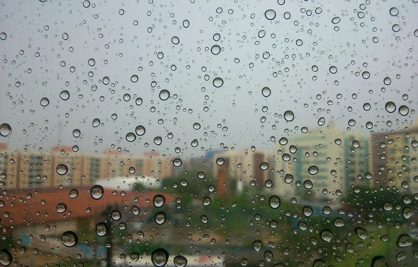 Фото обои bokeh, drops, buildings, rainy