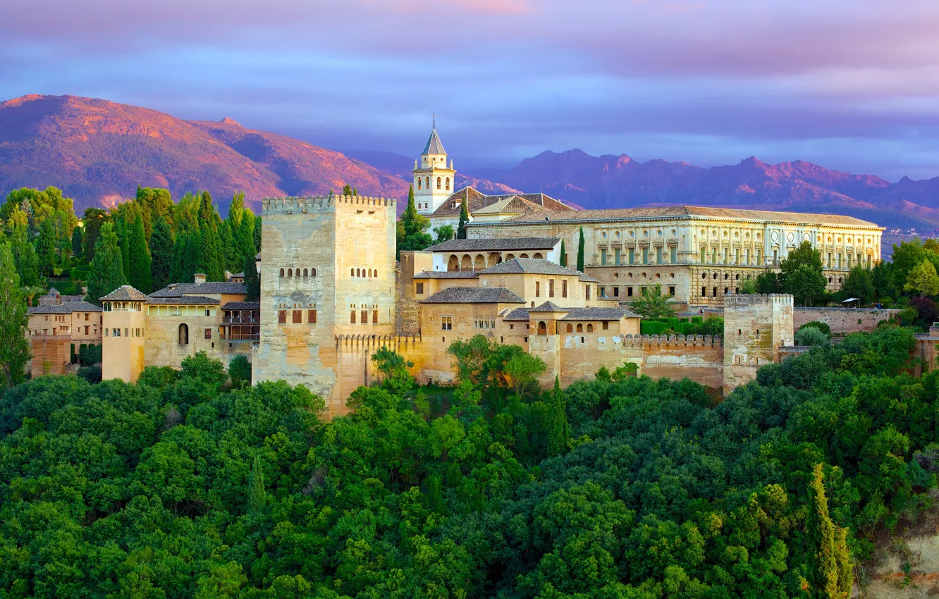 Фото обои лес, деревья, горы, замок, стены, башни, Испания, Alhambra