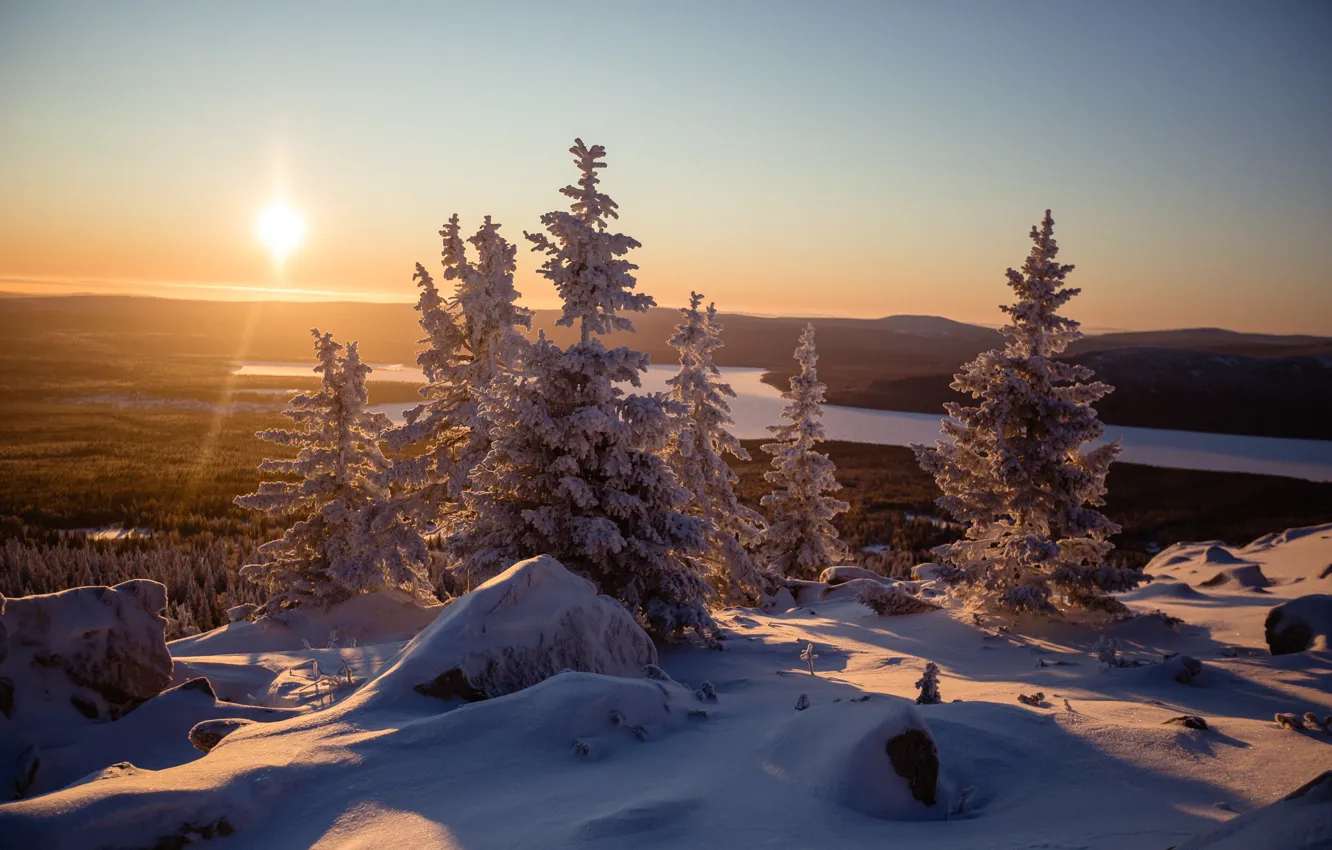Фото обои зима, солнце, снег, деревья, пейзаж, горы, природа, река