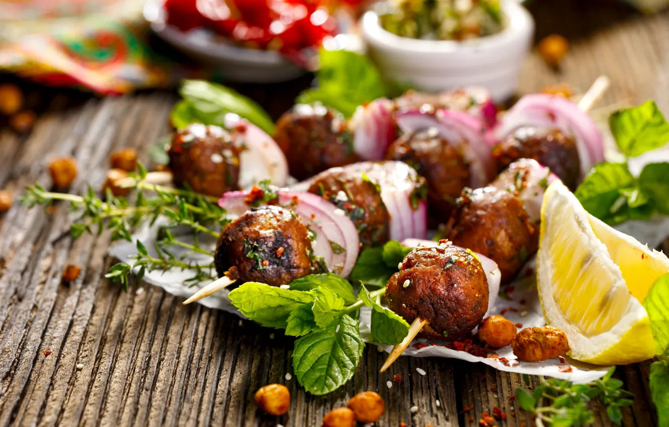 Фото обои лимон, мясо, специи, гриль, spices, kebabs
