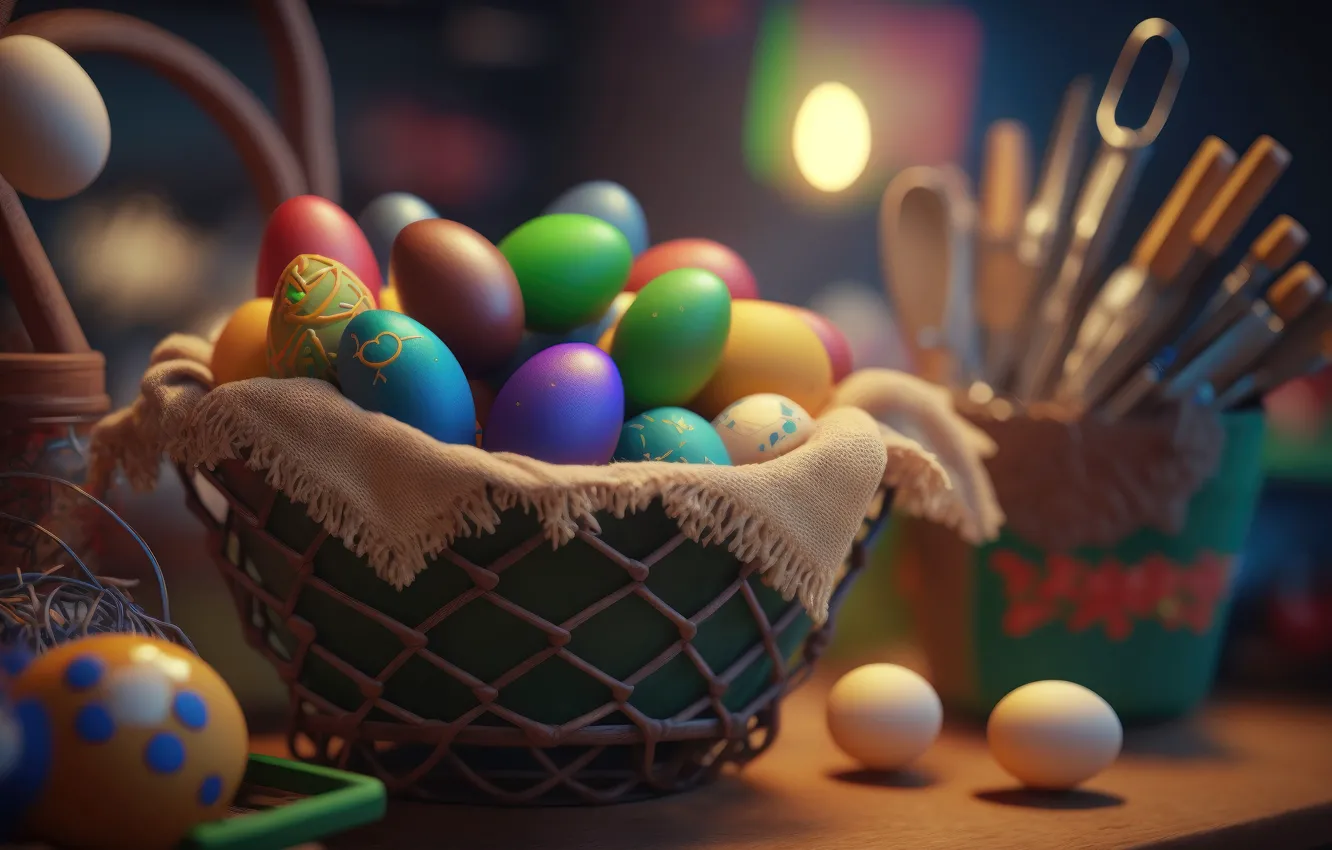 Фото обои яйца, Пасха, корзинка, разноцветные, крашенки, нейросеть