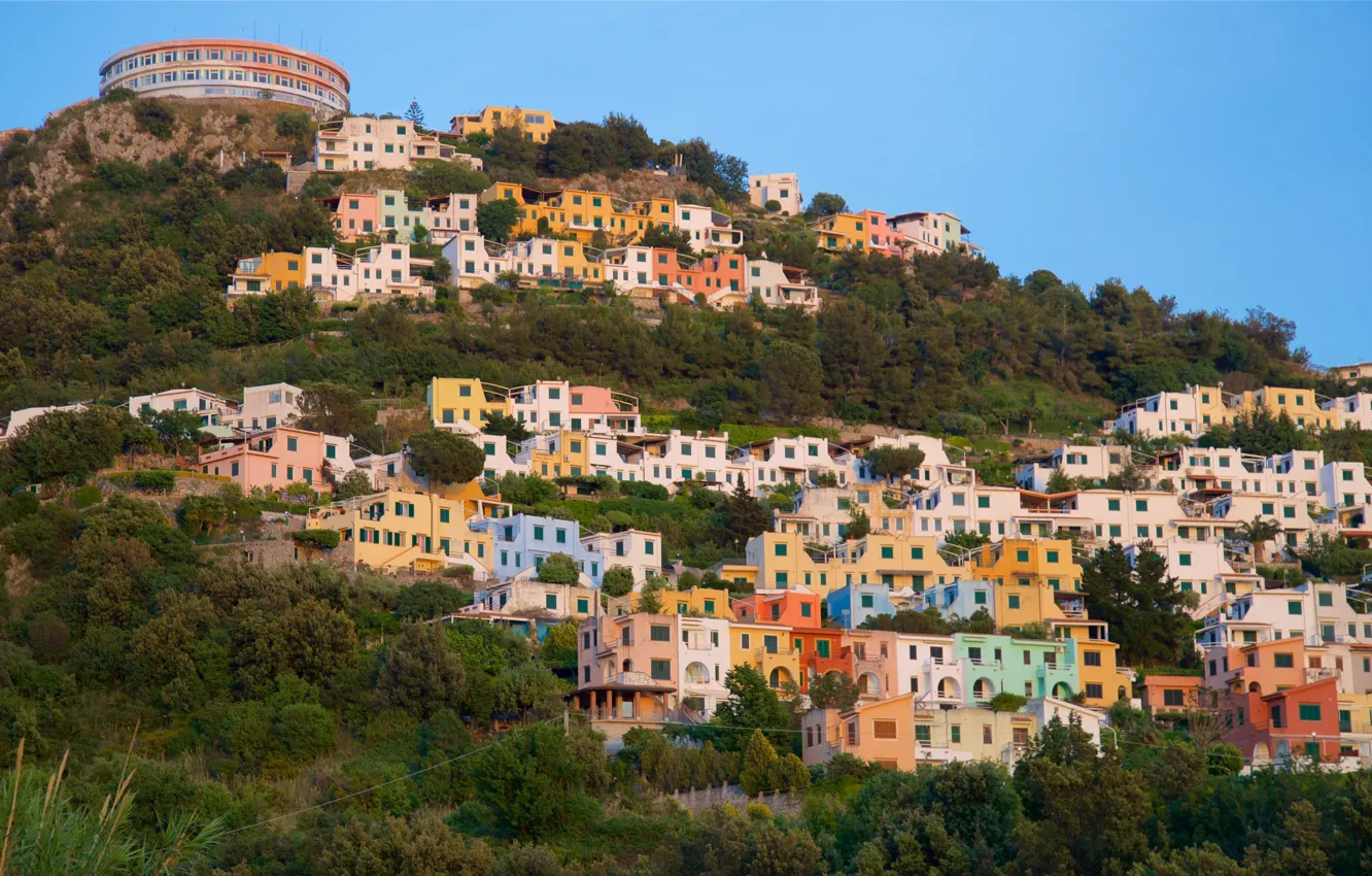 Фото обои colors, rainbow, house, sky, trees, Italy, village, Calabria