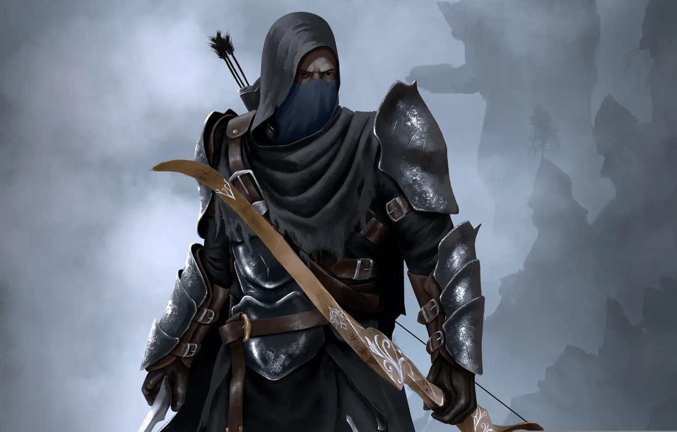 Фото обои воин, лук, капюшон, стрелы, убийца, лучник, shadow warrior