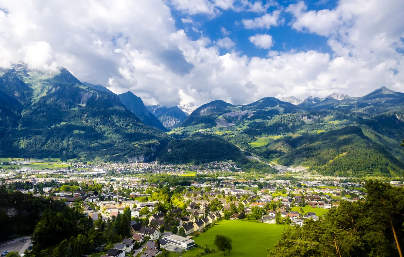 Фото обои горы, дома, Австрия, долина, панорама, городок, вид сверху, Muttersberg