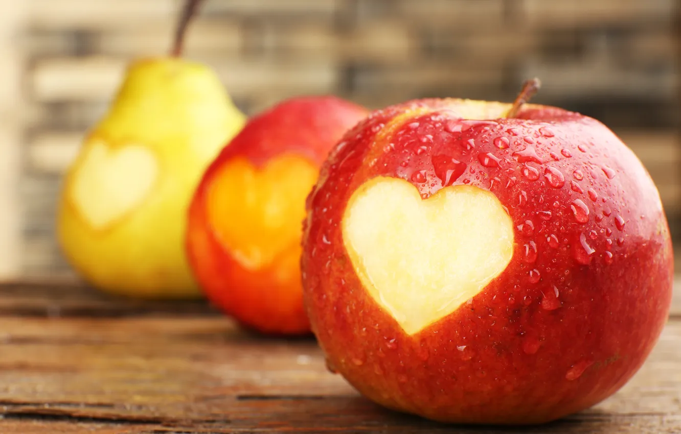 Фото обои капли, яблоки, сердце, фрукты, сердечко, груши