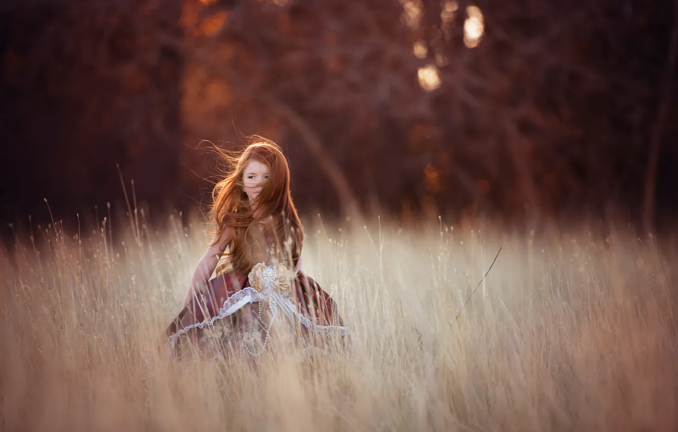 Фото обои поле, ветер, девочка, рыжеволосая