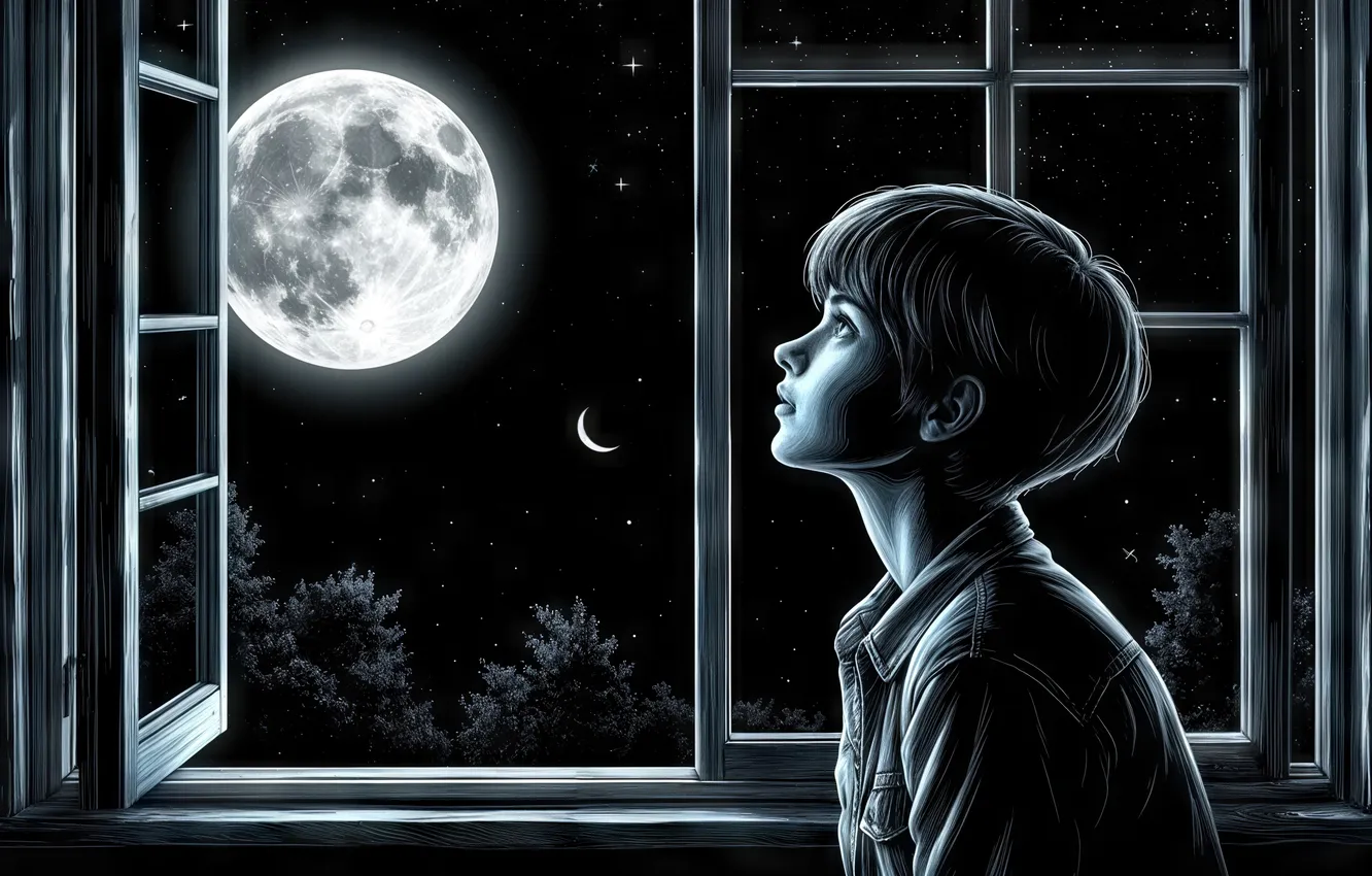 Фото обои girl, moon, window