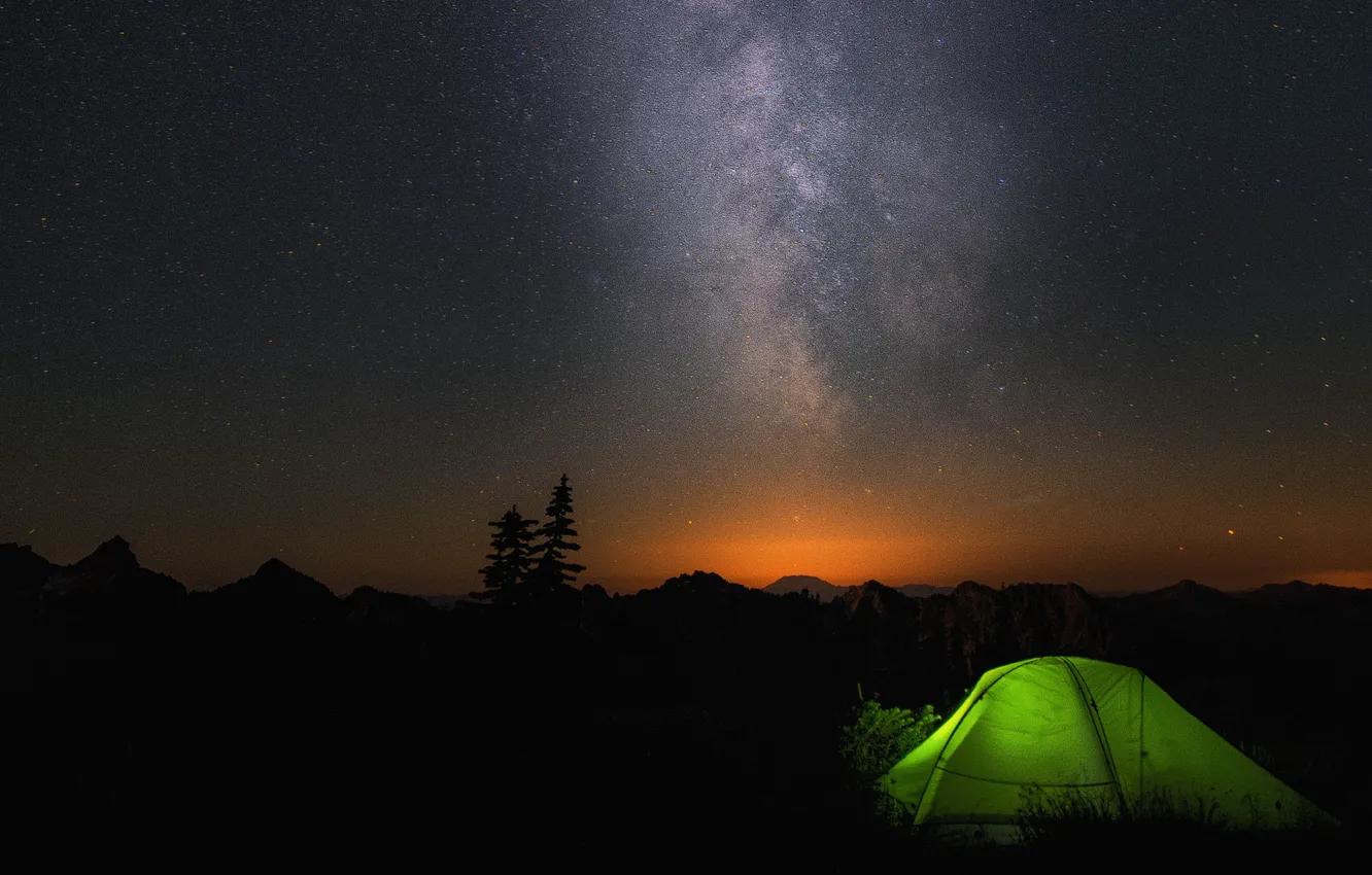 Фото обои звезды, закат, зеленый, красота, Горы, палатка