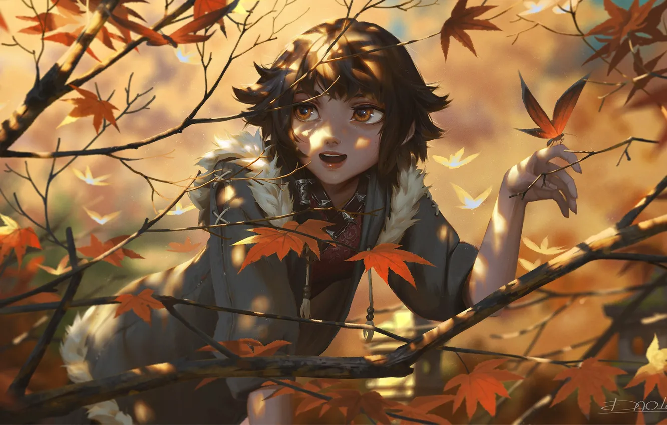 Фото обои осень, ветки, листва, позитив, девочка, girl, клен, brown eyes