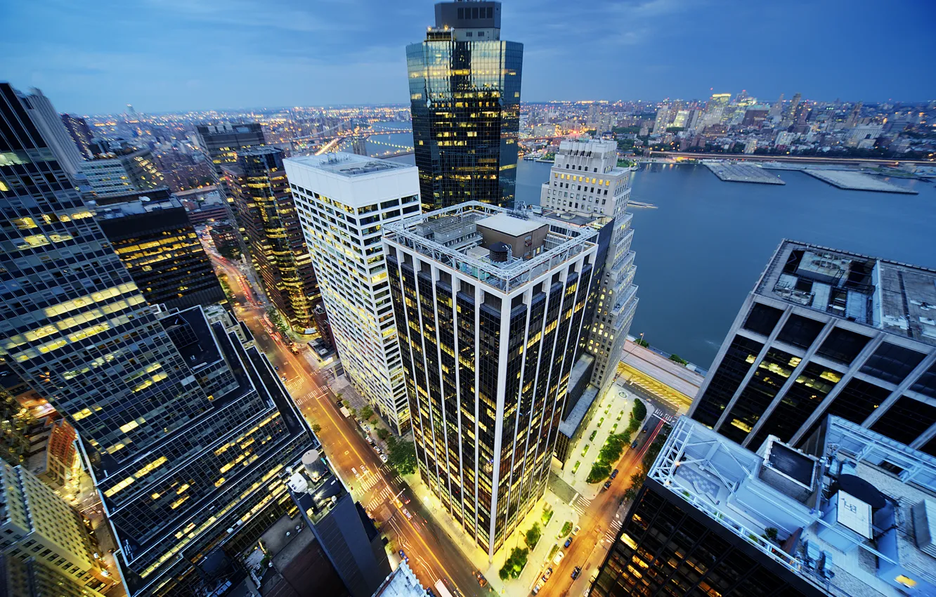 Фото обои здания, Нью-Йорк, ночной город, Манхэттен, небоскрёбы, Manhattan, New York City