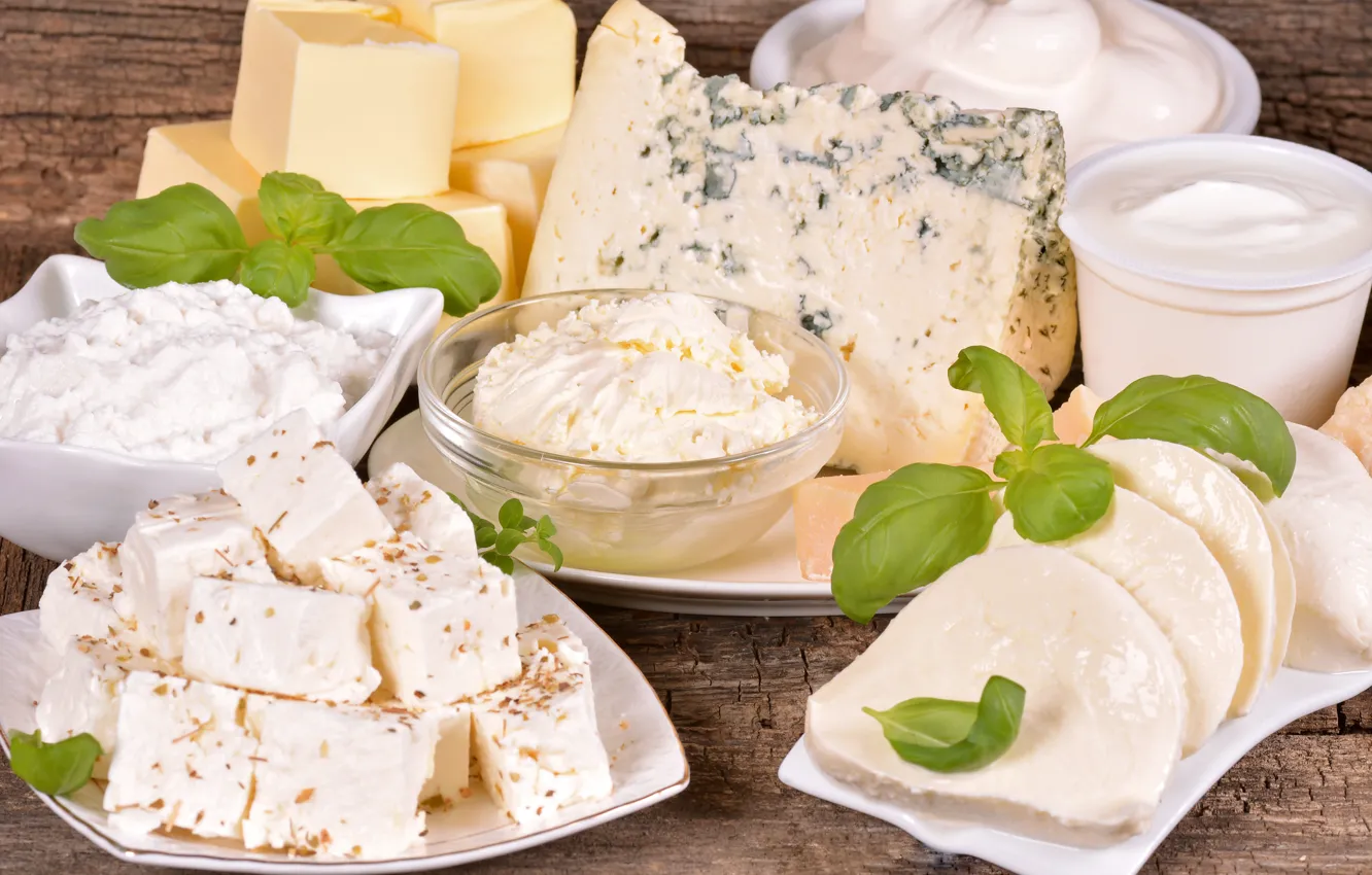 Фото обои зелень, сыр, творог, cheese, сметана, молочные продукты, greens, sour cream