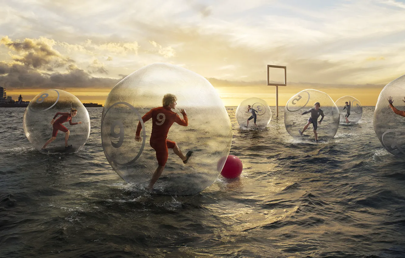 Фото обои море, вода, креатив, футбол, игра, мяч, юмор, ворота