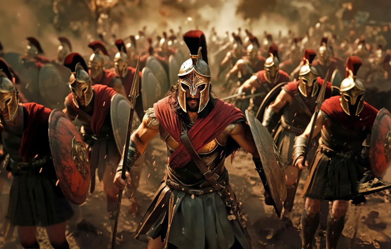 Фото обои Греция, Солдаты, Мужчины, Копья, Шлемы, Щиты, Спартанские воины, Spartan warriors