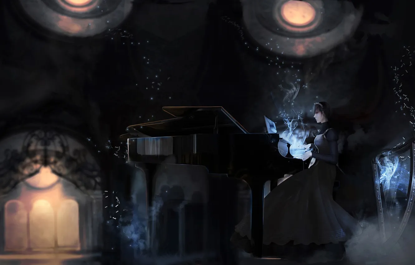 Фото обои девушка, музыка, магия, рояль, арт, арфа, nyarko