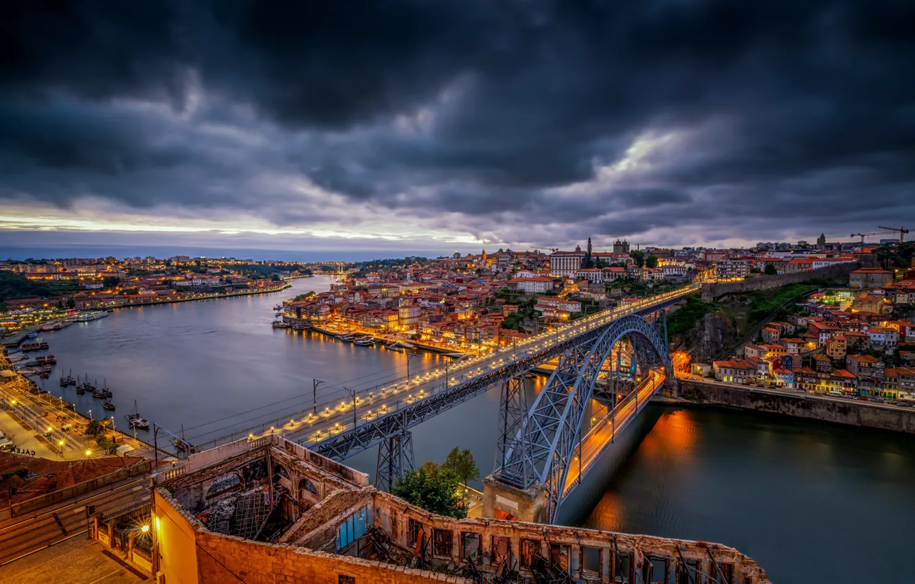 Фото обои мост, река, Португалия, ночной город, Portugal, Vila Nova de Gaia, Porto, Порту