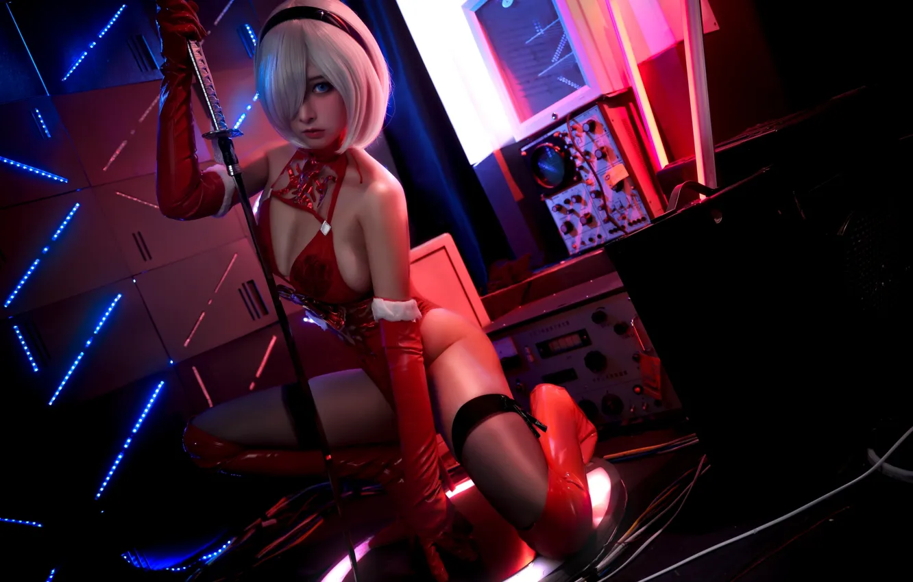 Фото обои girl, sword, stockings, cosplay