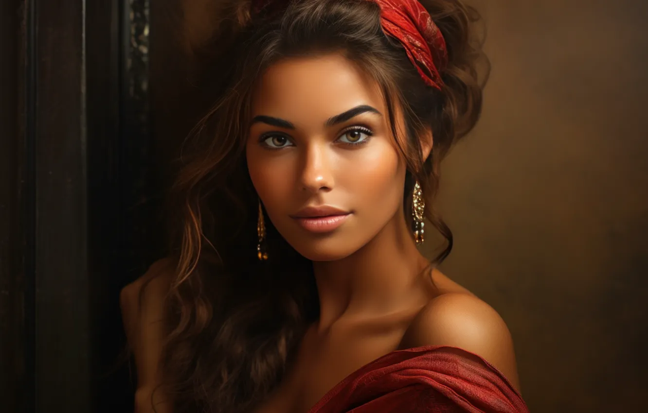 Фото обои взгляд, девушка, лицо, темный фон, портрет, макияж, наряд, смуглая