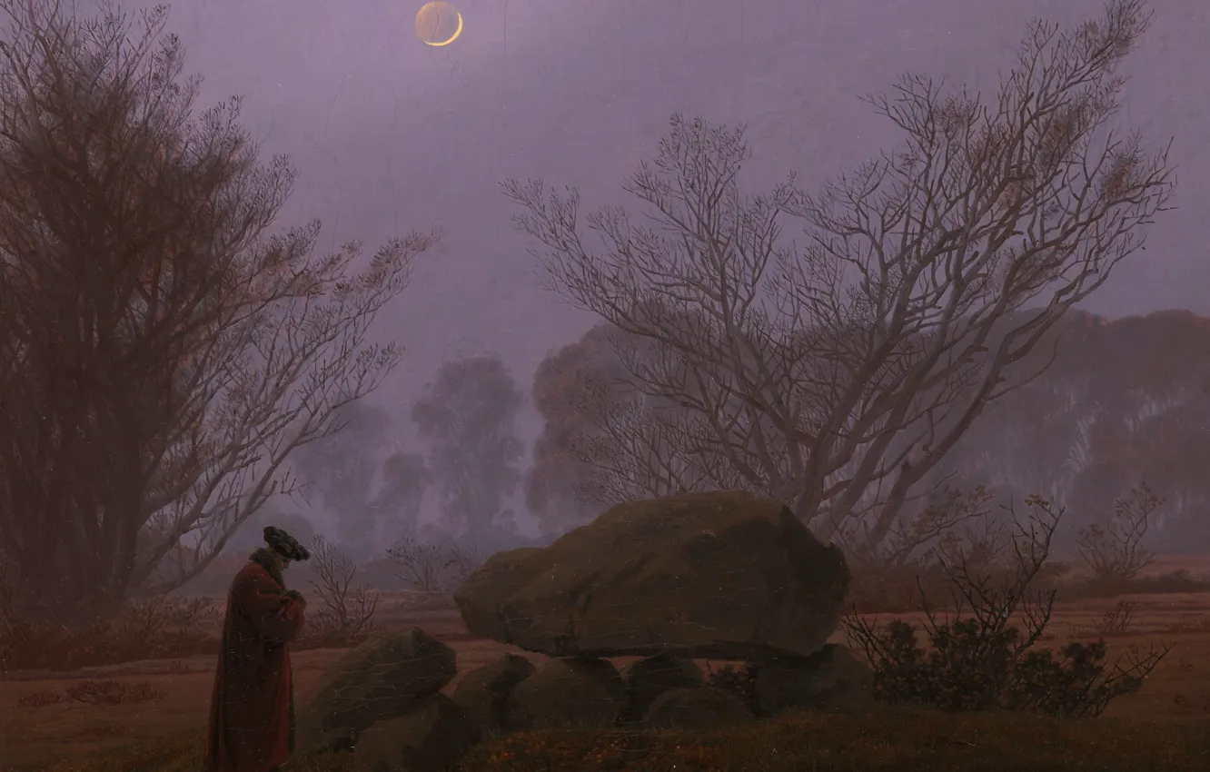 Фото обои пейзаж, камень, картина, Луна, Каспар Давид Фридрих, Прогулка в Сумерках