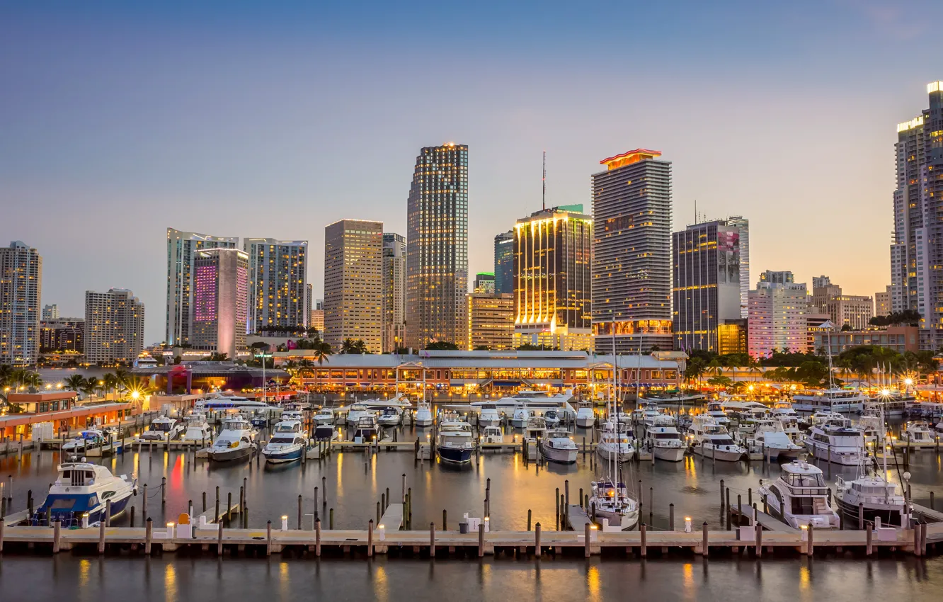 Фото обои здания, яхты, Майами, Флорида, порт, залив, катера, Miami