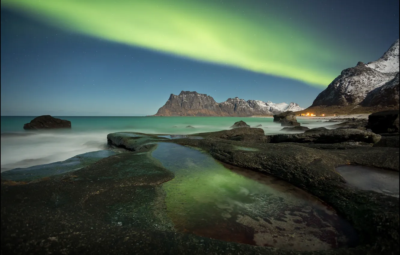 Фото обои море, горы, побережье, северное сияние, Норвегия, Norway, Lofoten