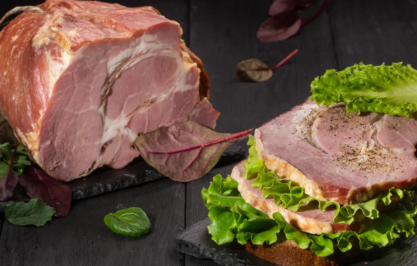 Фото обои мясо, бутерброд, салат, ветчина