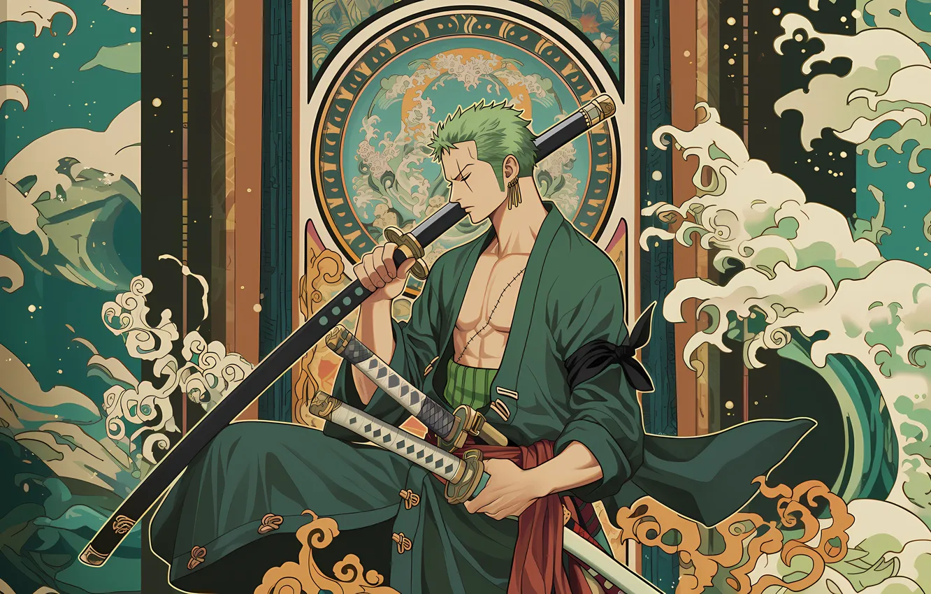Фото обои One Piece, Roronoa Zoro, Chinese architecture, AI art, Art Nouveau, Alphonse Mucha