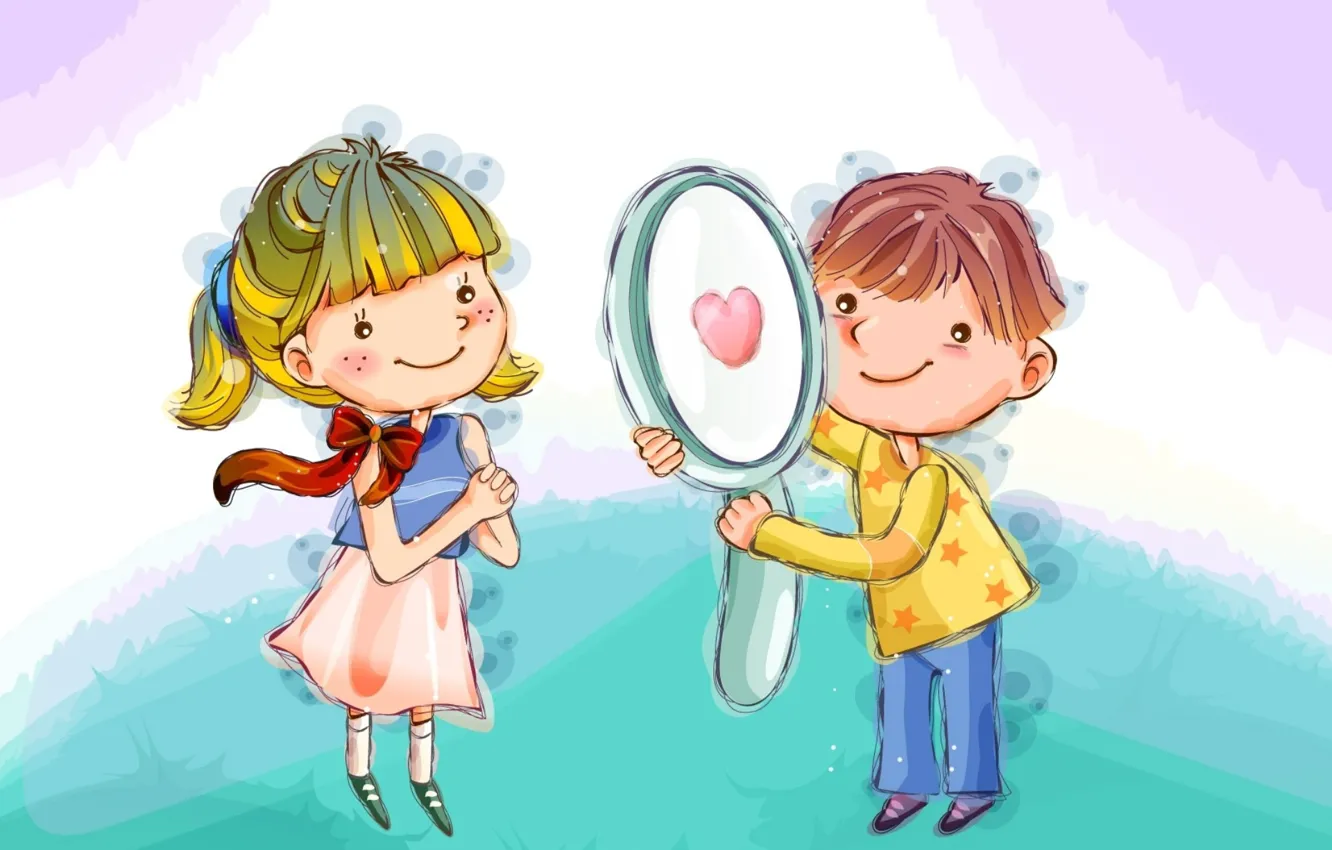 Фото обои любовь, рисунок, мальчик, девочка, зеркальце