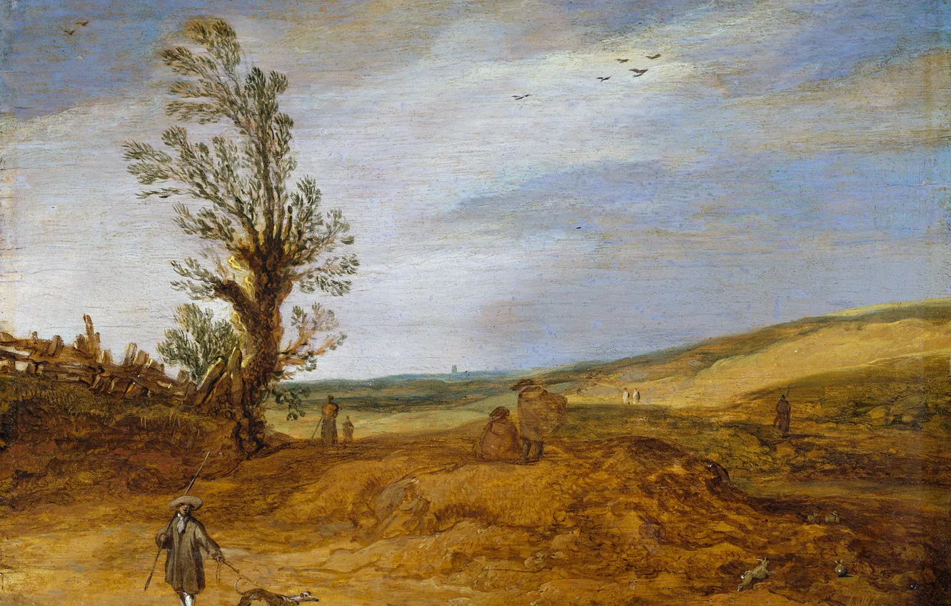 Фото обои пейзаж, дерево, масло, картина, Дюны, Эсайас ван де Велде