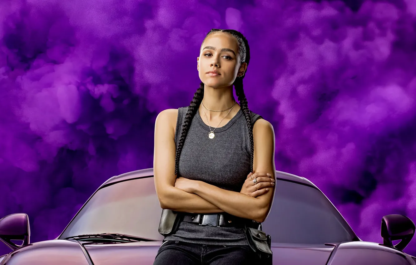 Фото обои машина, девушка, Форсаж 9, Fast & Furious 9, фиолетовый дым