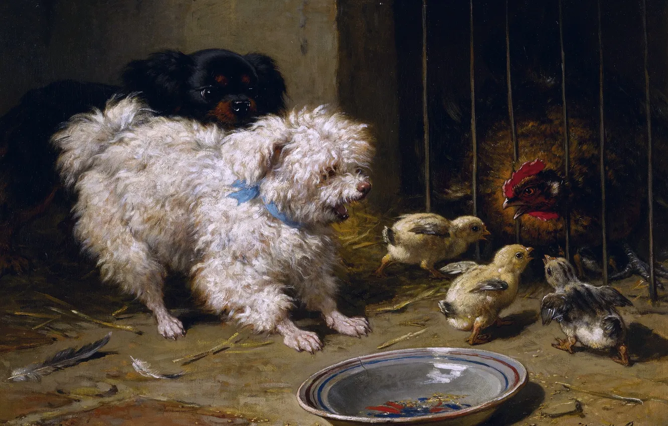 Фото обои Собака, Картина, Цыплята, Курица, Генриетта Роннер-Книп, Henriette Ronner-Knip, Бельгийская художница, Спаниель с курицей и ее …