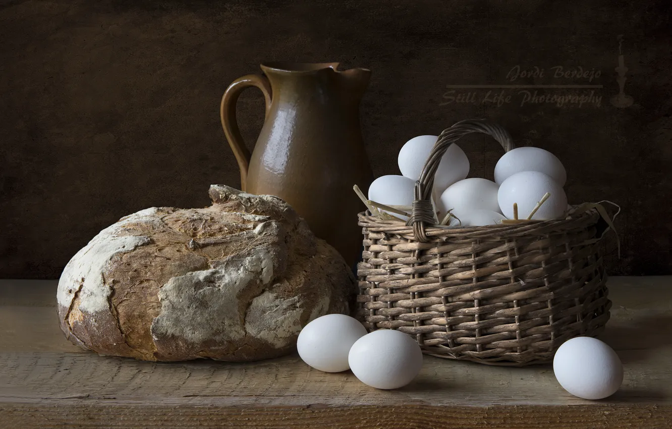 Фото обои яйца, хлеб, кувшин, натюрморт, деревенский