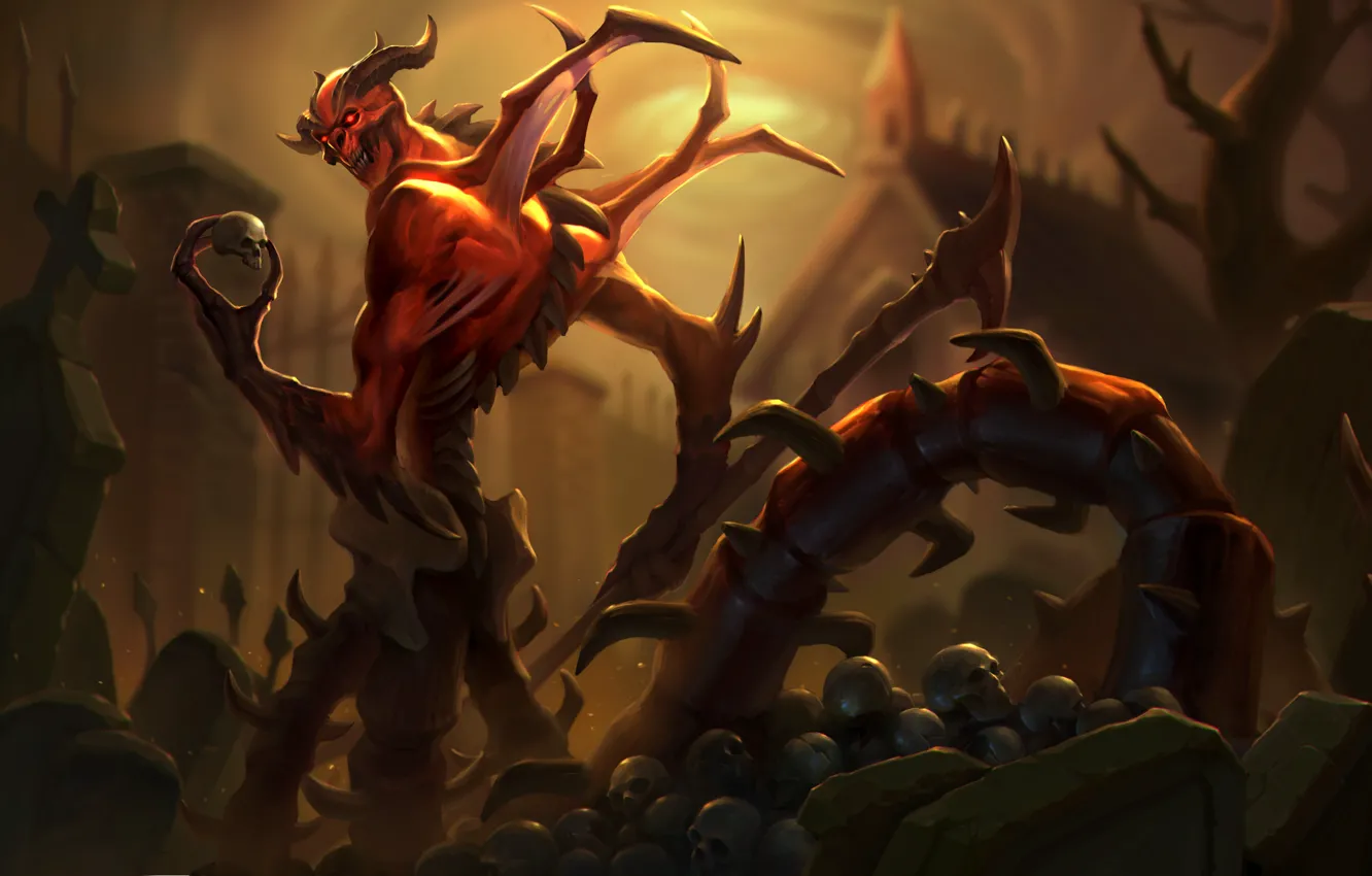 Фото обои череп, демон, рога, hon, art, Heroes of Newerth, Mephisto Myrmidon, MYRMIDON