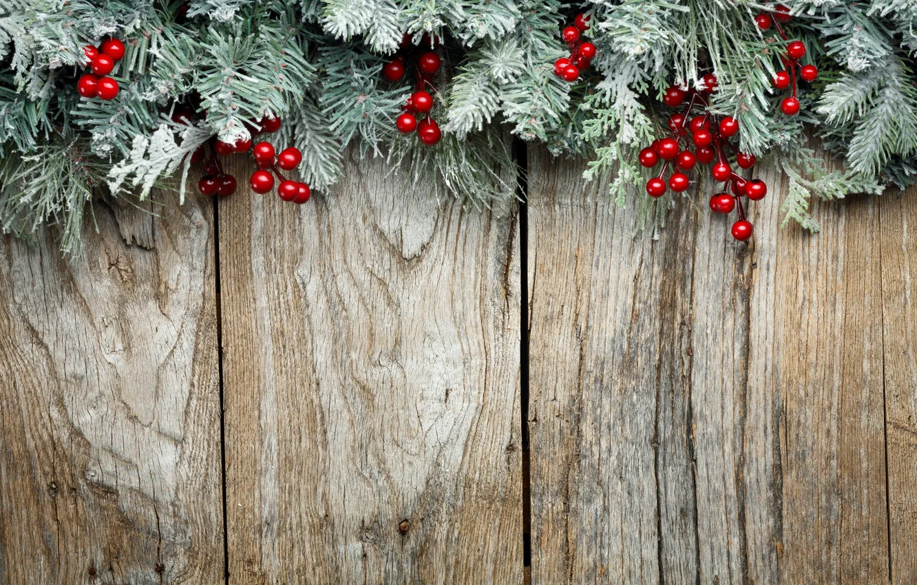 Фото обои украшения, ветки, ягоды, елка, Новый Год, Рождество, Christmas, wood