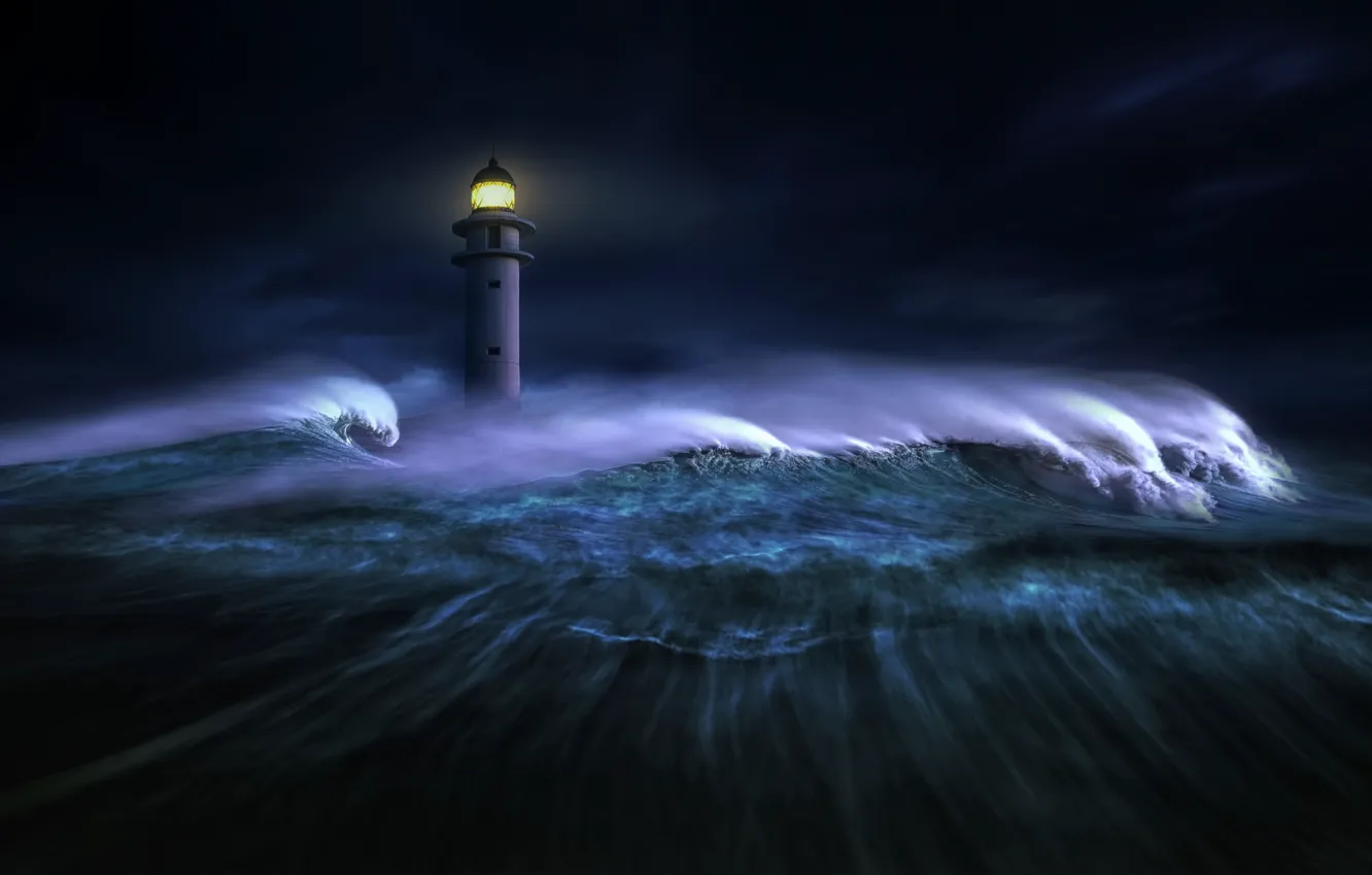 Фото обои море, волны, свет, ночь, темнота, графика, маяк, digital art