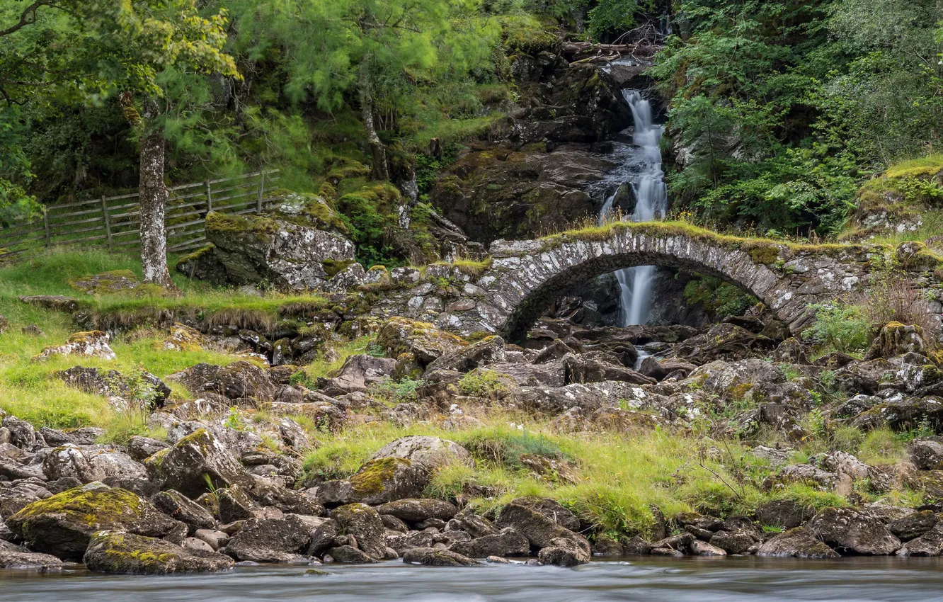 Фото обои лес, мост, река, камни, водопад, Шотландия, Scotland, Highlands