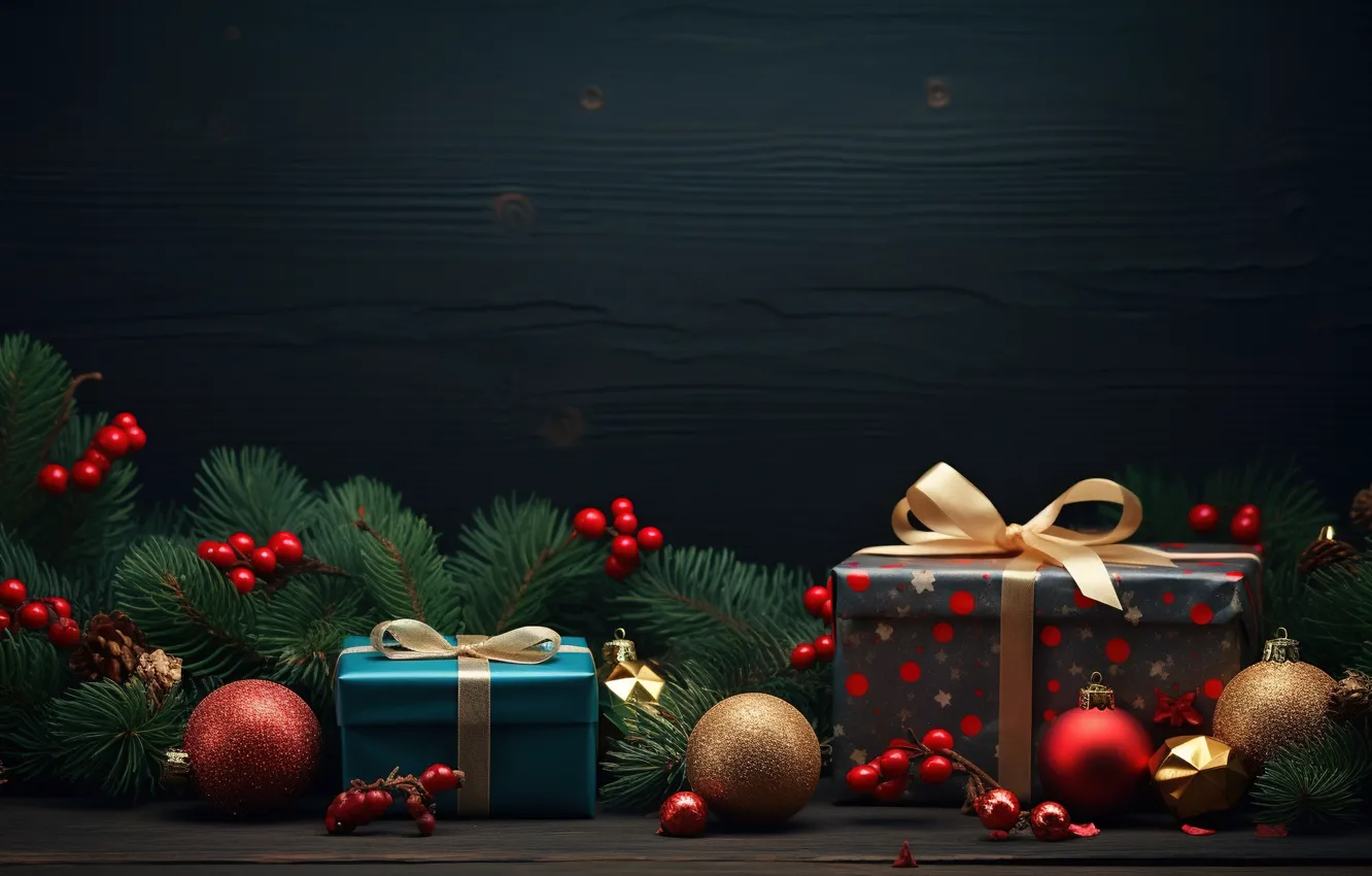 Фото обои украшения, темный фон, шары, Новый Год, Рождество, подарки, golden, new year