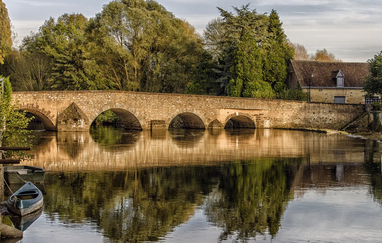 Фото обои деревья, мост, отражение, река, лодка, Франция, дома, France