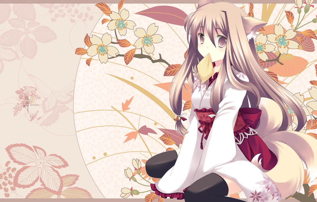 Фото обои цветы, кимоно, лисичка, foxgirl