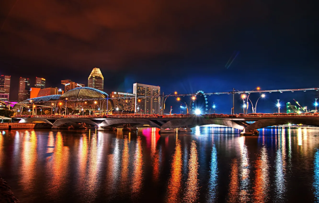 Фото обои вода, ночь, мост, огни, отражение