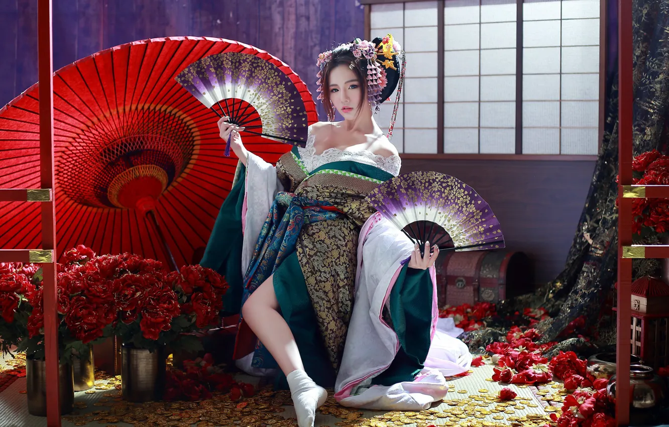 Фото обои девушка, цветы, зонт, гейша, кимоно, азиатка, веера
