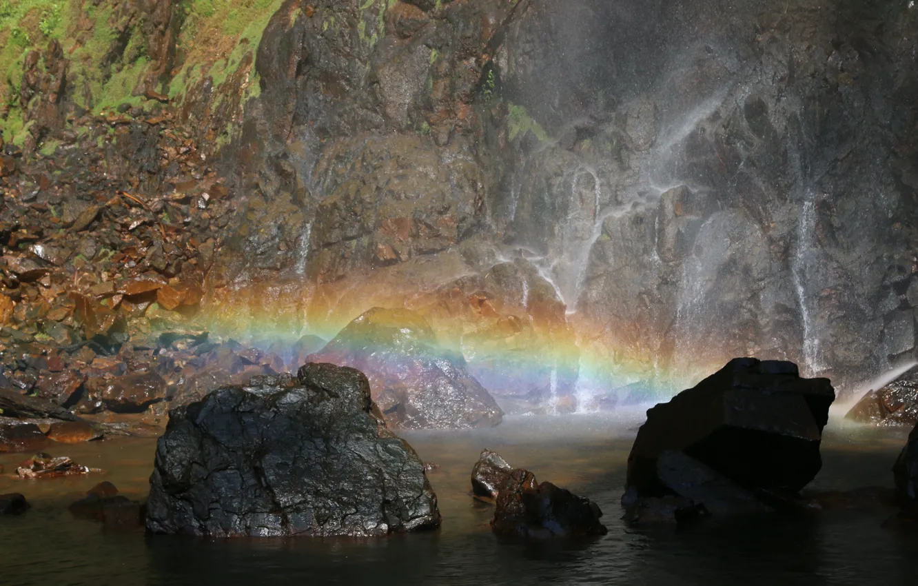 Фото обои Водопад, Скалы, Камни, Радуга, Rainbow, Nature, Waterfall, Malaysia