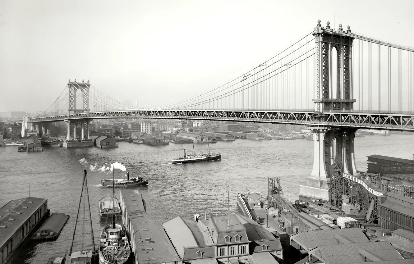 Фото обои мост, ретро, река, корабль, Нью-Йорк, США, 1908-й год