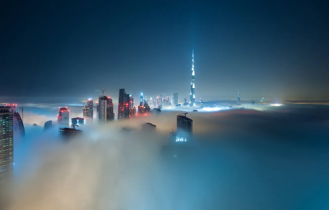 Фото обои огни, туман, небоскребы, Дубай