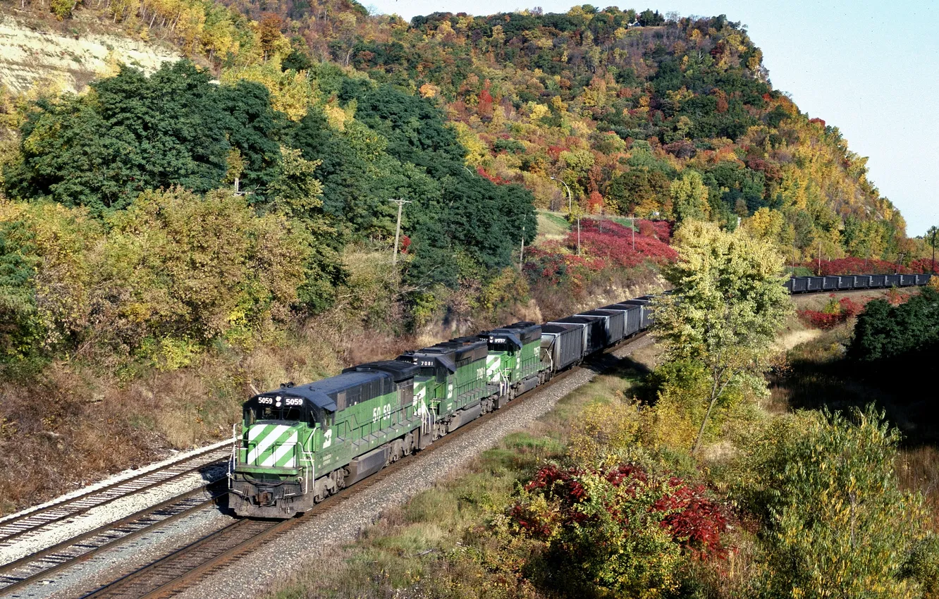 Фото обои деревья, горы, путь, листва, вагоны, железная дорога, насыпь, грузовой поезд