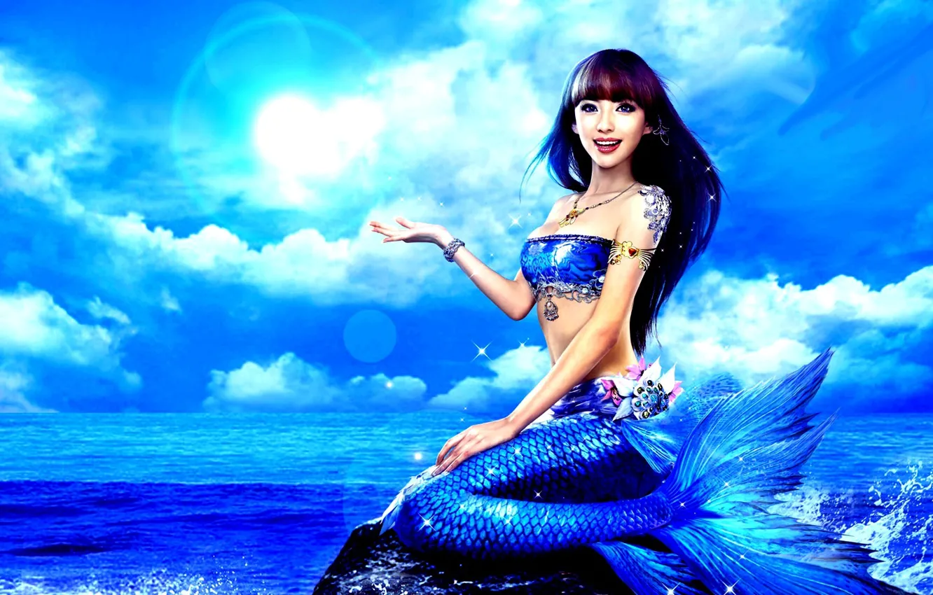Фото обои море, девушка, синий, океан, русалка, хвост, азиатка