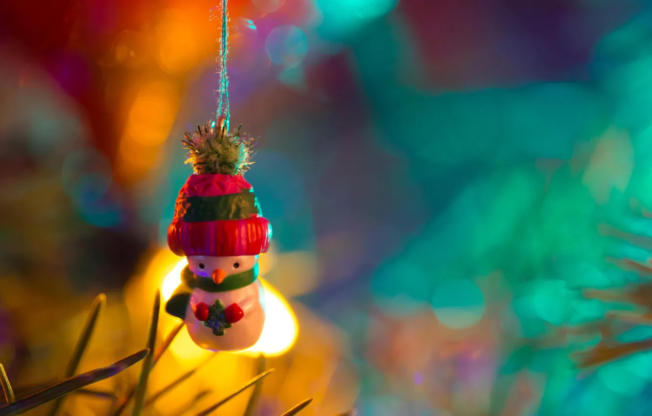 Фото обои огни, праздник, игрушка, снеговик, украшение