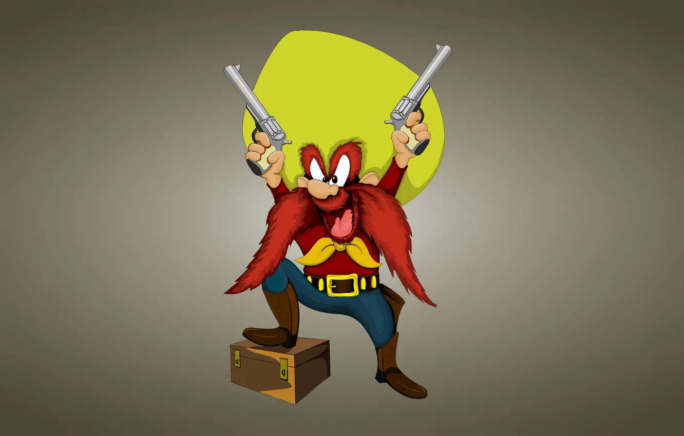 Фото обои шляпа, ковбой, сундук, ящик, усатый, Неуправляемый Сэм, Looney Tunes, Yosemite Sam